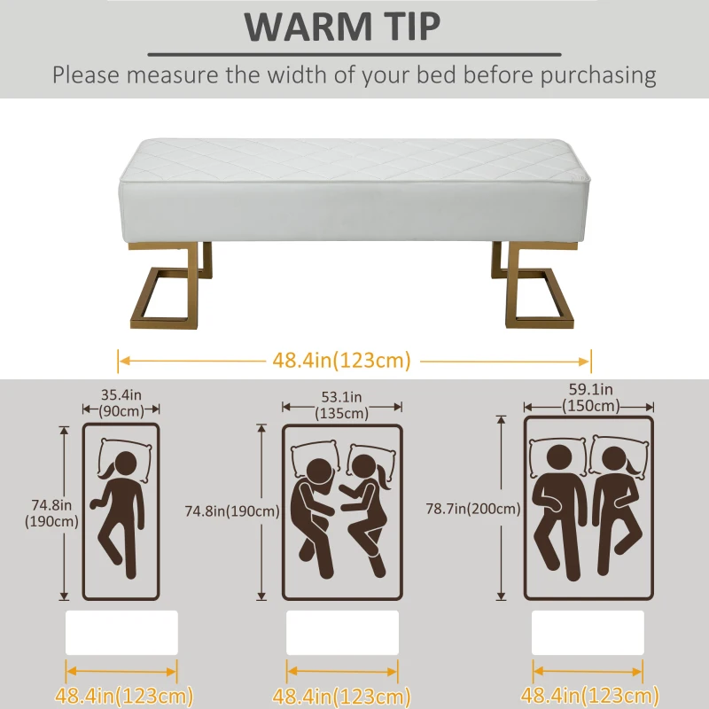 HOMCOM 120cm Long Ottoman Bench PU Leather Bed End Lounge Sofa with Gold Electroplated Legs for Bedroom Living Room Entryway White