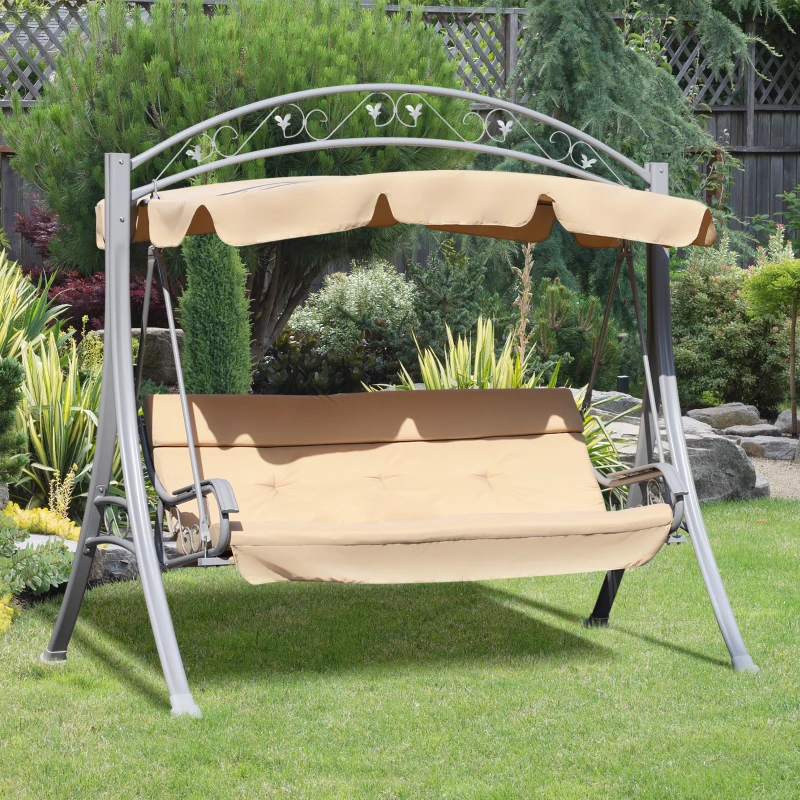 Outsunny Steel 3 Seater Swing Chair Patio Lounger Canopy Shelter Cushioned Seat Heavy Duty - Beige