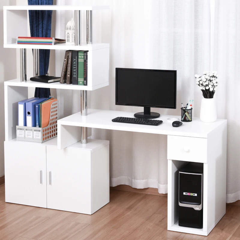 HOMCOM Rotating Corner Table Display Shelf Combo L-Shaped I-Shape Computer Desk Home Office, White