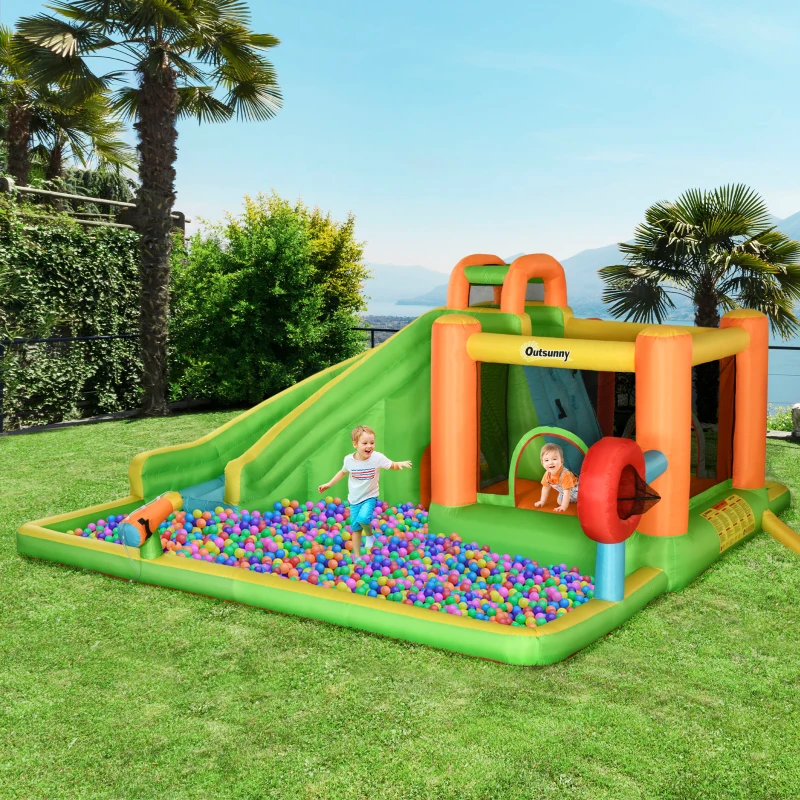 Outsunny 7 in 1 Kids Bouncy Castle, Bounce House, with Water Slide, Patches, Air Blower, for Ages 3-8 Years