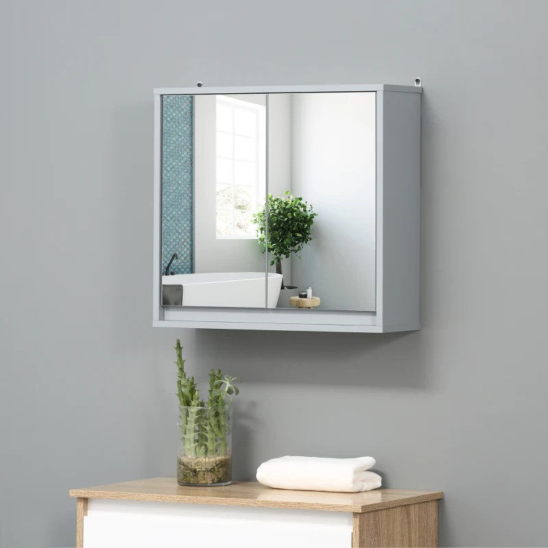 HOMCOM Wall Mounted Mirror Cabinet with Storage Shelf Bathroom Cupboard Double Door Grey