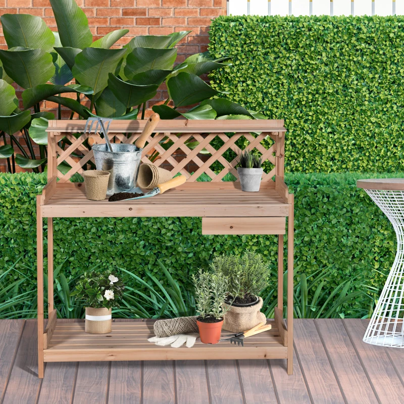 Outsunny Fir Wood Outdoor Garden Table w/ Drawer Potting Bench with Bottom Shelf Hooks Trellis for Garage Greenhouse