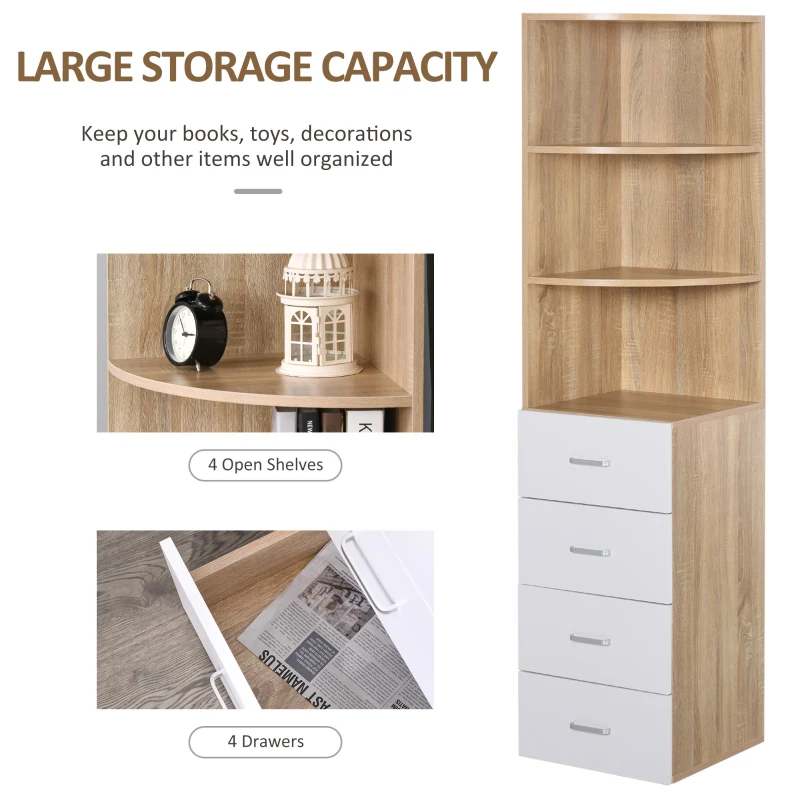 HOMCOM Multi-Layer Modern Corner Bookcase w/ 3 Open Shelf 4 Drawer Floor Standing Home Office Storage Furniture Shelving