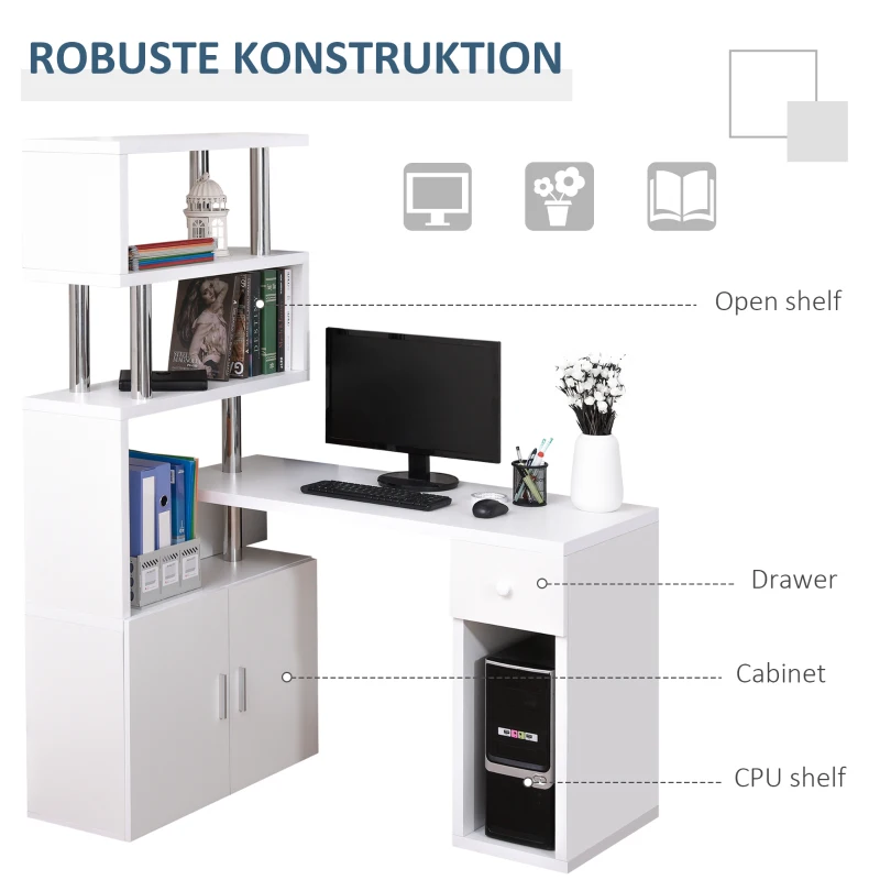 HOMCOM Rotating Corner Table Display Shelf Combo L-Shaped I-Shape Computer Desk Home Office, White