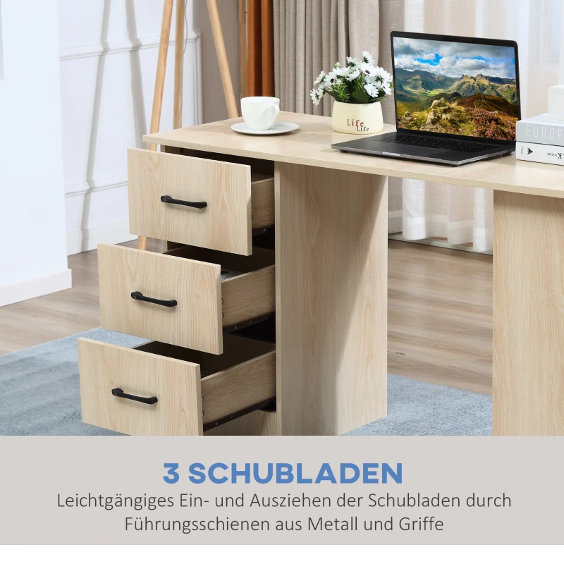 HOMCOM Schreibtisch Computertisch Bürotisch Arbeitstisch Regal mit 3 Schubladen Regale Natur 120 x 49 x 72 cm