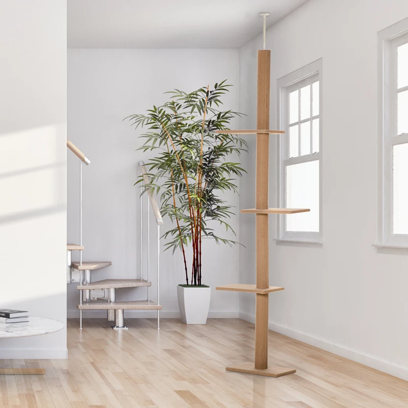 PawHut 260cm Floor To Ceiling Cat Tree w/ Three Platforms Activity Centre - Brown
