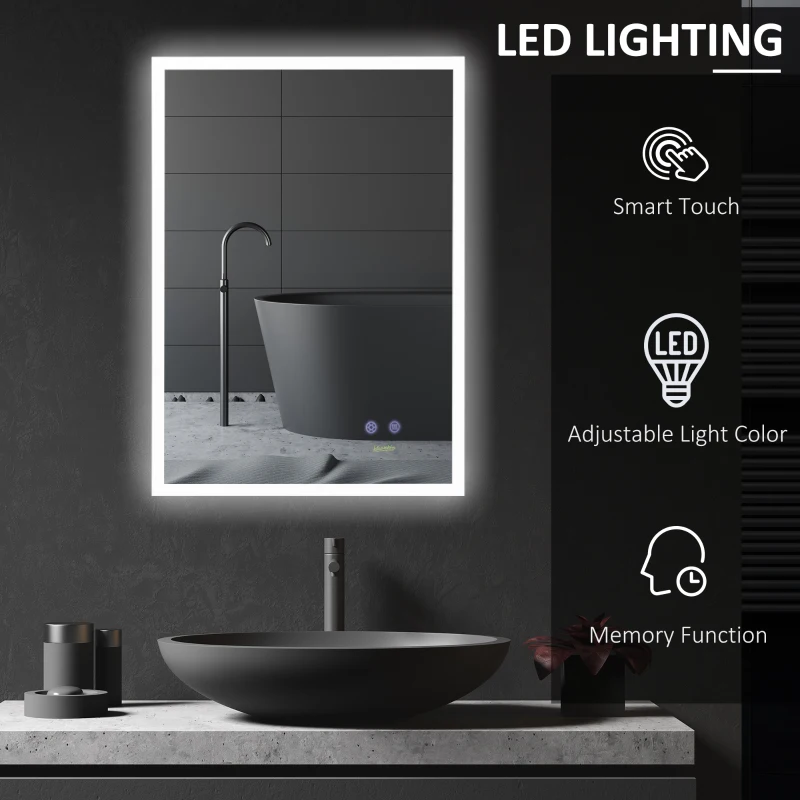 Kleankin Oglinda de baie cu LED 70x50 cm, oglinda de cosmetica cu iluminare pentru perete, cu 3 lumini reglabile, plug-in, argintiu