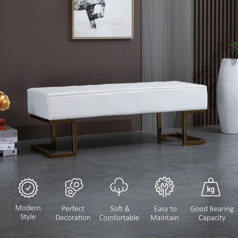 HOMCOM 120cm Long Ottoman Bench PU Leather Bed End Lounge Sofa with Gold Electroplated Legs for Bedroom Living Room Entryway White