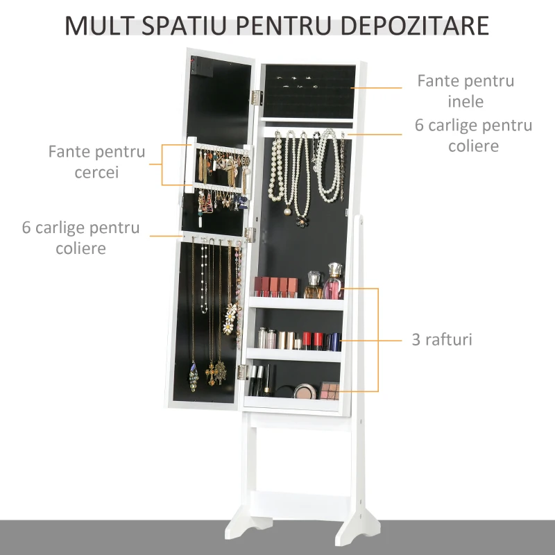 HOMCOM dulap cu oglinda, pentru bijuterii, 36x30x136 cm, alb