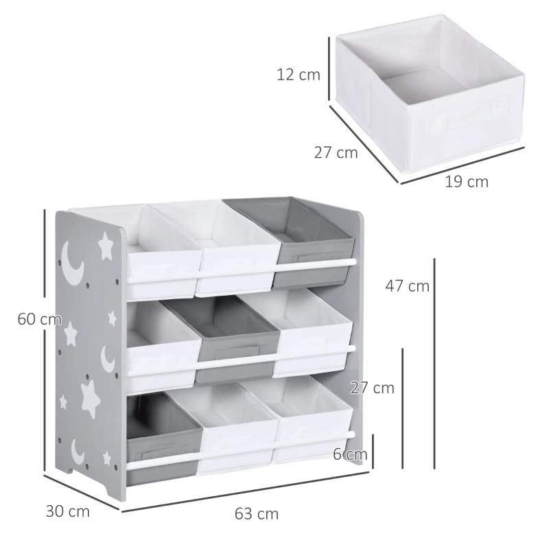 Dulap de Jucarii Zonekiz cu 9 Cosuri Detasabile, Cutie de Depozitare pentru Jucarii din Lemn MDF si Material Textil