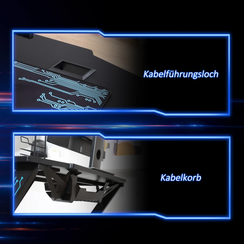 HOMCOM Gaming Tisch Schreibtisch mit Kopfhörerhaken Getränkehalterung R-förmiger Computertisch MDF Metall Schwarz+Blau 110 x 59 x 75 cm