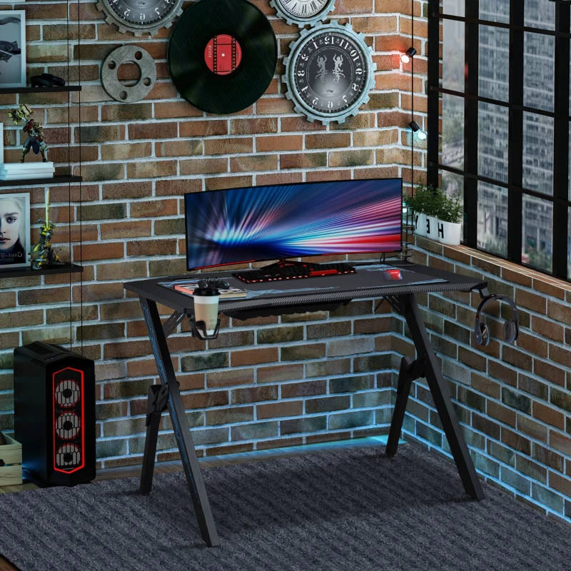 HOMCOM Gaming Tisch Schreibtisch mit Kopfhörerhaken Getränkehalterung R-förmiger Computertisch MDF Metall Schwarz+Blau 110 x 59 x 75 cm