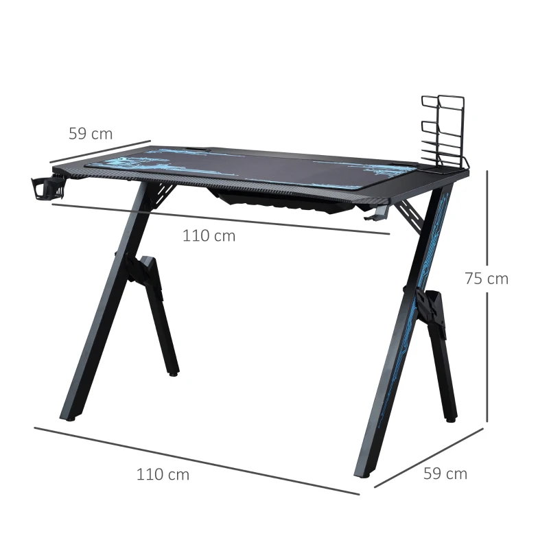 HOMCOM Gaming Tisch Schreibtisch mit Kopfhörerhaken Getränkehalterung R-förmiger Computertisch MDF Metall Schwarz+Blau 110 x 59 x 75 cm