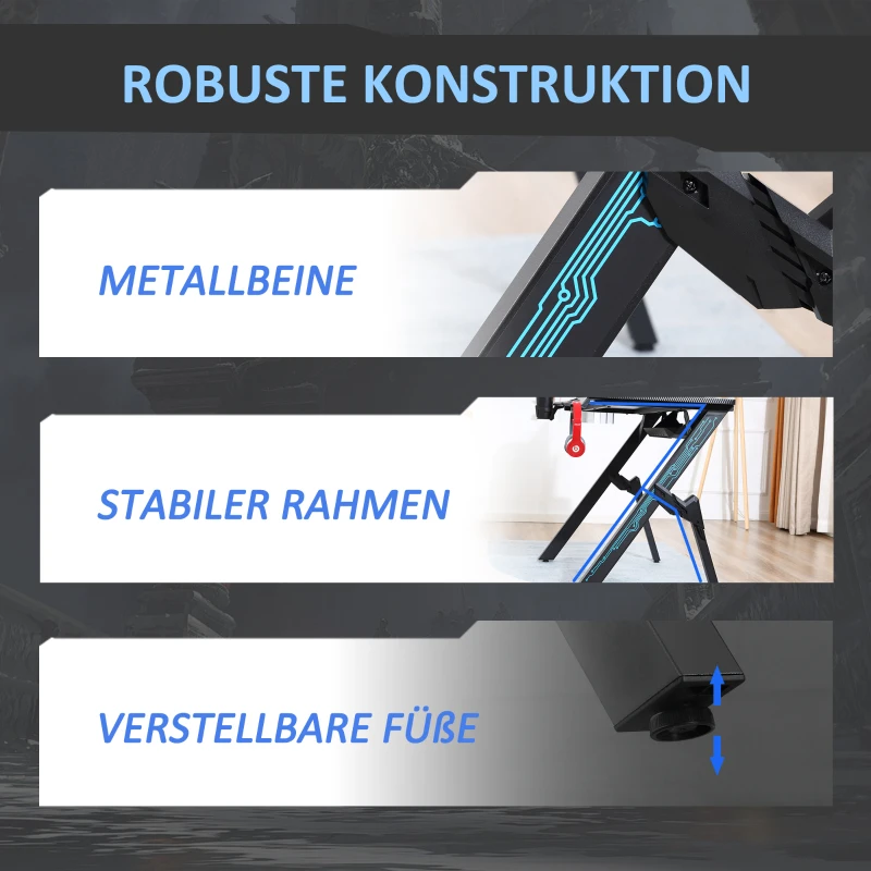 HOMCOM Gaming Tisch Schreibtisch mit Kopfhörerhaken Getränkehalterung R-förmiger Computertisch MDF Metall Schwarz+Blau 110 x 59 x 75 cm