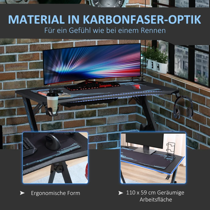 HOMCOM Gaming Tisch Schreibtisch mit Kopfhörerhaken Getränkehalterung R-förmiger Computertisch MDF Metall Schwarz+Blau 110 x 59 x 75 cm