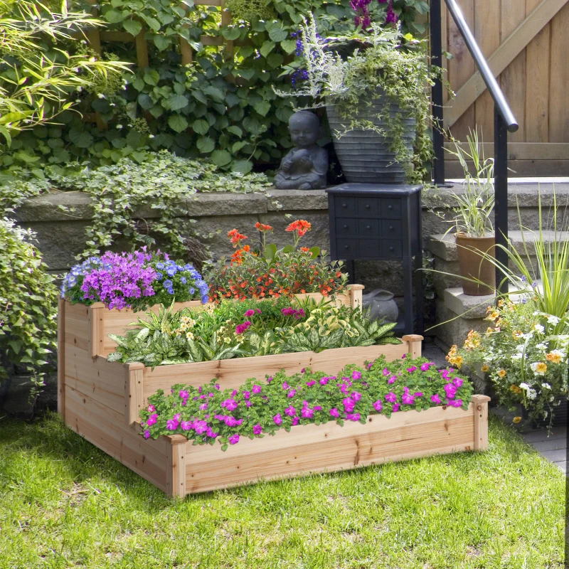 Outsunny 470L Raised Garden Bed, 3-Tier Planter Kit, Elevated Wooden Planters for Garden, Yard & Patio, 124 x 124 x 56 cm(m-9)