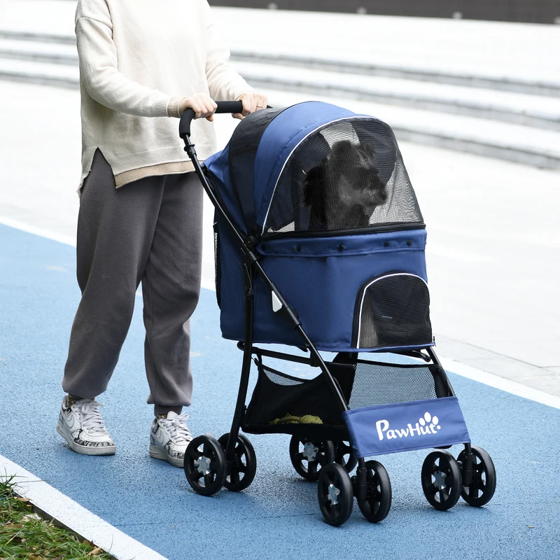 PawHut Foldable Pet Stroller for Dogs, Puppy Stroller, with Large Carriage, Brakes, Canopy - Blue