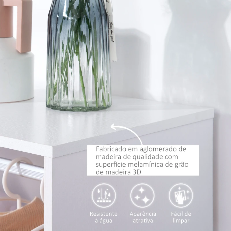 HOMCOM Roupeiro de Madeira Móvel Armário Roupeiro Aberto com Barra para Pendurar e Prateleiras Organizadoras 60x40x128cm Branco
