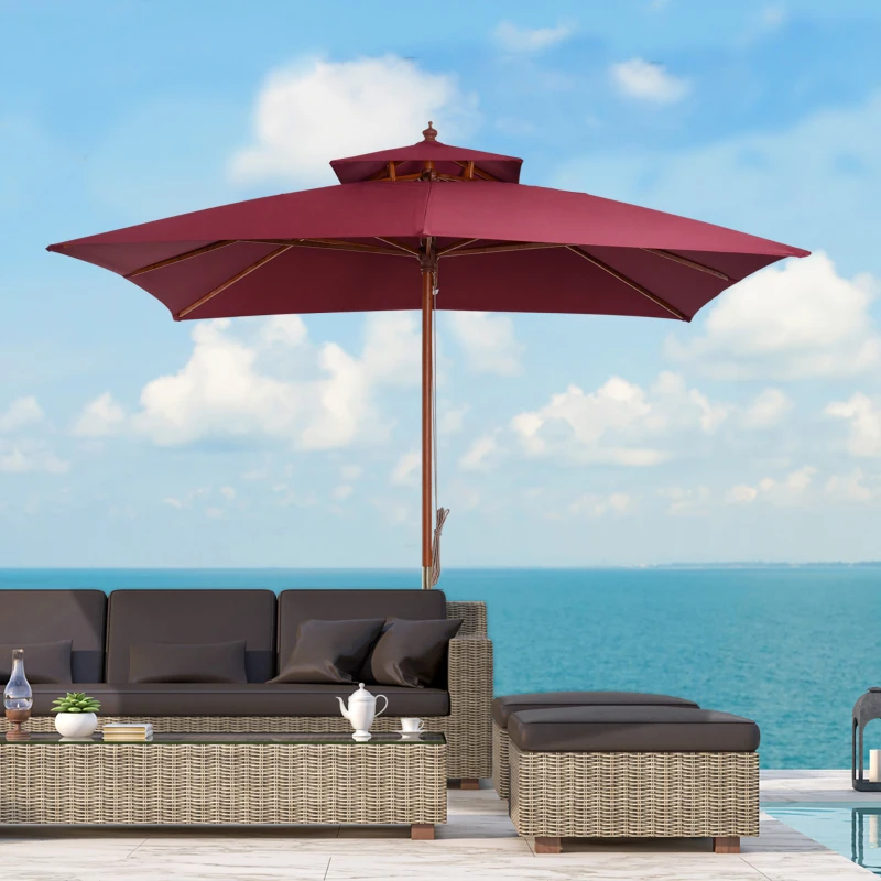 Outsunny 3 x 3(M) Garden Parasol Umbrella Sunshade, Outdoor Wooden Parasol with Double Tier Canopy, Wine Red