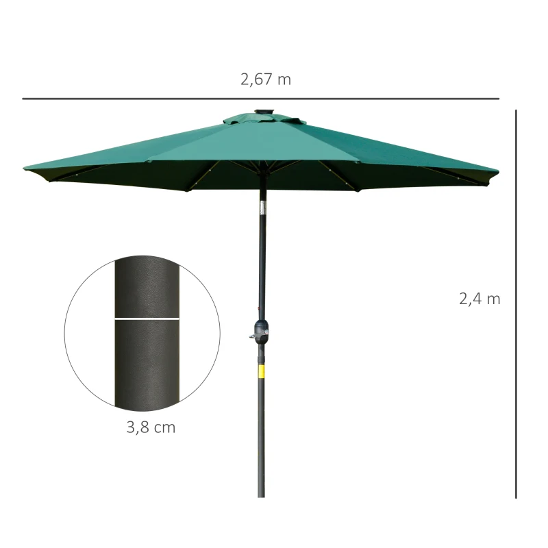 Outsunny 2.7m Patio LED Umbrella with Push Button Tilt/Crank 8 Rib Sun Shade Parasol