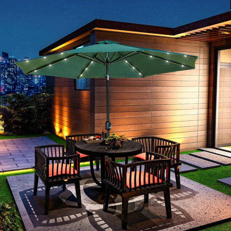 Outsunny 2.7m Patio LED Umbrella with Push Button Tilt/Crank 8 Rib Sun Shade Parasol