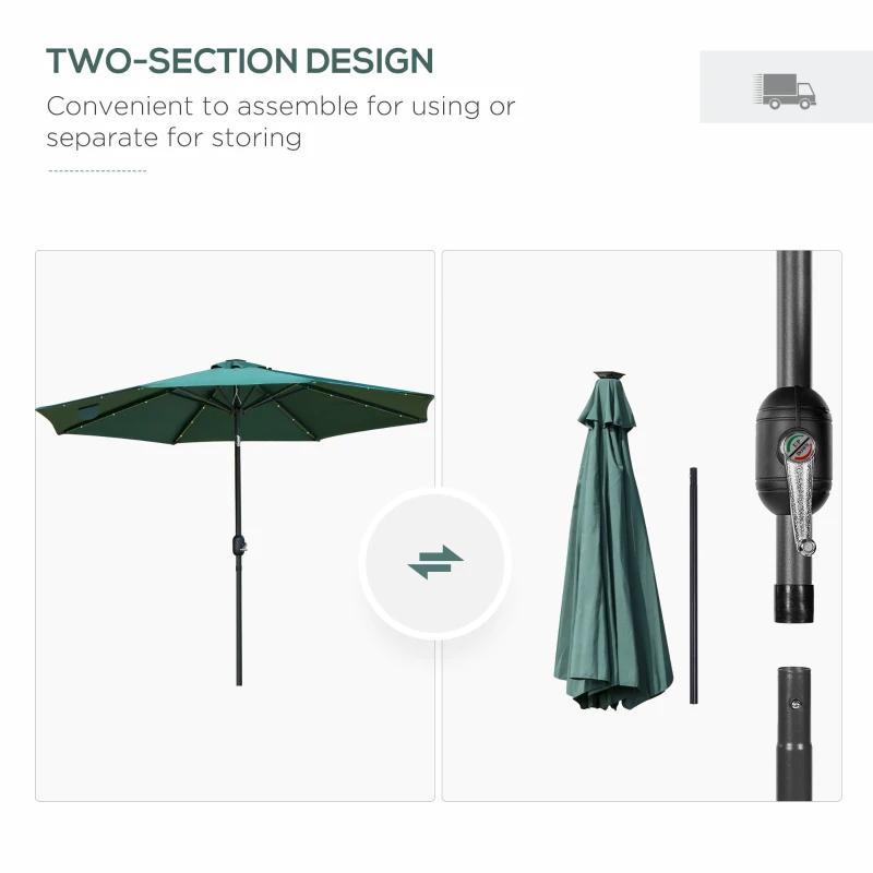 Outsunny 2.7m Patio LED Umbrella with Push Button Tilt/Crank 8 Rib Sun Shade Parasol
