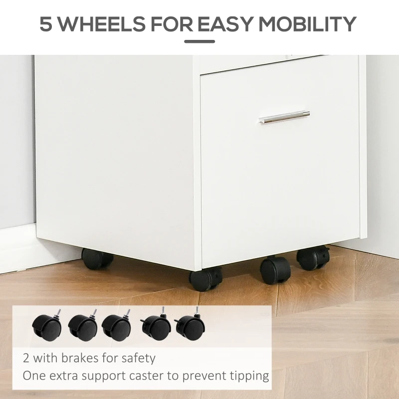 Vinsetto Dulap cu Sertare Blocabile, 2 Chei Incluse, cu 5 roti cu rotatie la 360°, cu 2 Chei, Alb