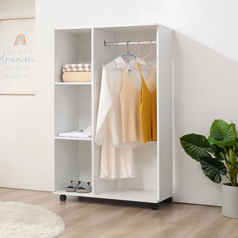 HOMCOM Roupeiro de Madeira Móvel Armário Roupeiro Aberto com Barra para Pendurar e 3 Prateleiras Organizadoras 80x40x128cm Branco