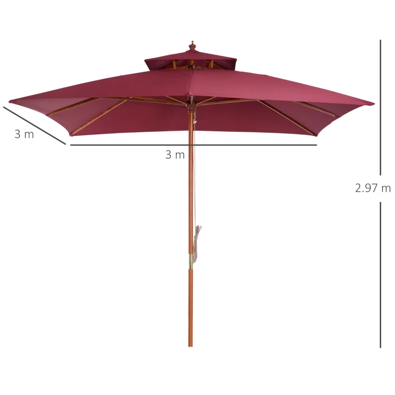 Outsunny 3 x 3(M) Garden Parasol Umbrella Sunshade, Outdoor Wooden Parasol with Double Tier Canopy, Wine Red