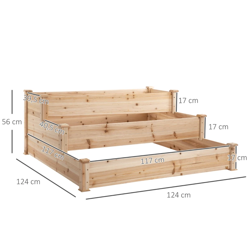 Outsunny 470L Raised Garden Bed, 3-Tier Planter Kit, Elevated Wooden Planters for Garden, Yard & Patio, 124 x 124 x 56 cm(m-3)