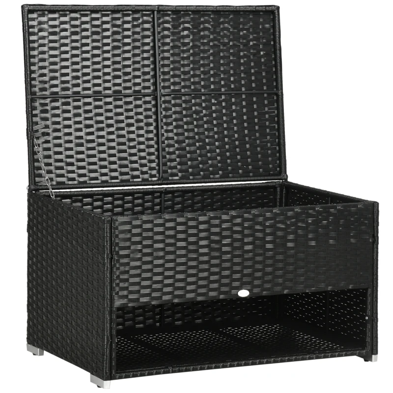 Outsunny Rattan Garden Storage Box, Outdoor PE Wicker Deck Doxes w/ Shoe Layer for Indoor, Outdoor, Spa, Black