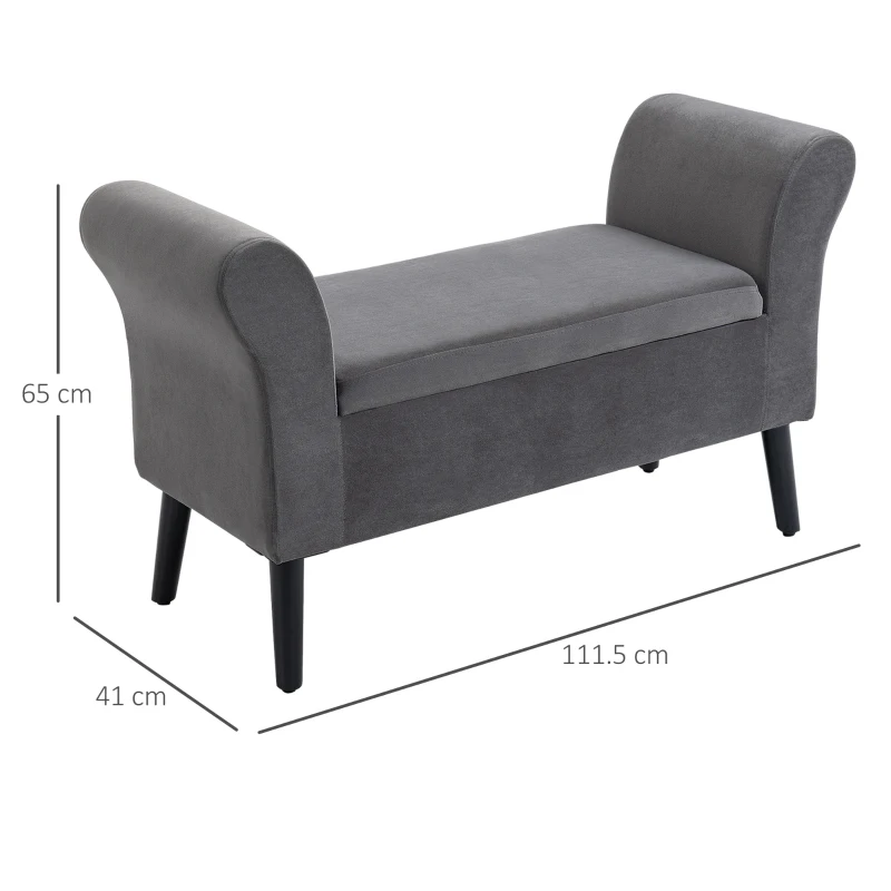 HOMCOM Banca de Depozitare Capitonata pentru Dormitor si Hol, Banca la Capatul Patului din Tesatura Catifelata cu Cotiere, 111,5x41x65cm, Gri(m-3)