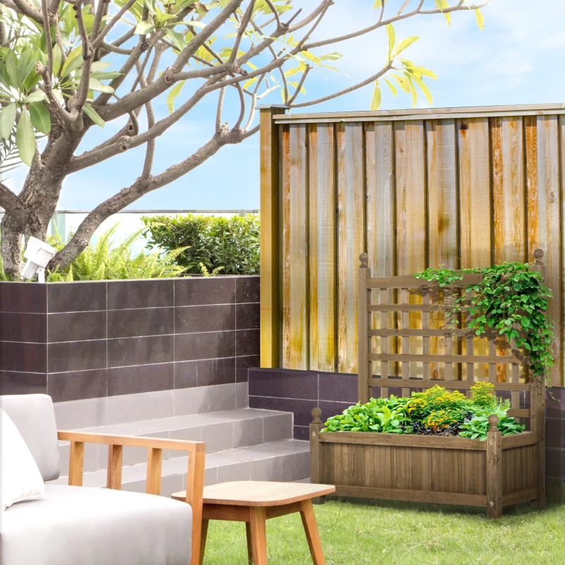Outsunny Garden Planters with Trellis for Climbing Vines, Wood Raised Beds for Garden, Flower Pot, Indoor Outdoor, Brown