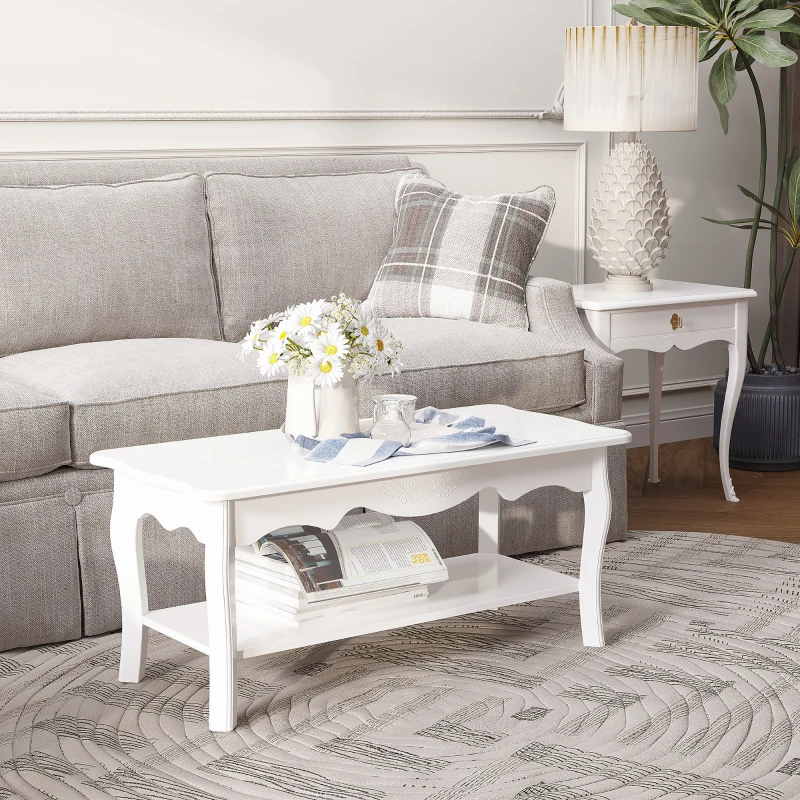 HOMCOM White Coffee Table Wood Cocktail Tea Centre Table with Storage Shelf for Living Room Reception Room, 94L x 44W x 42H cm