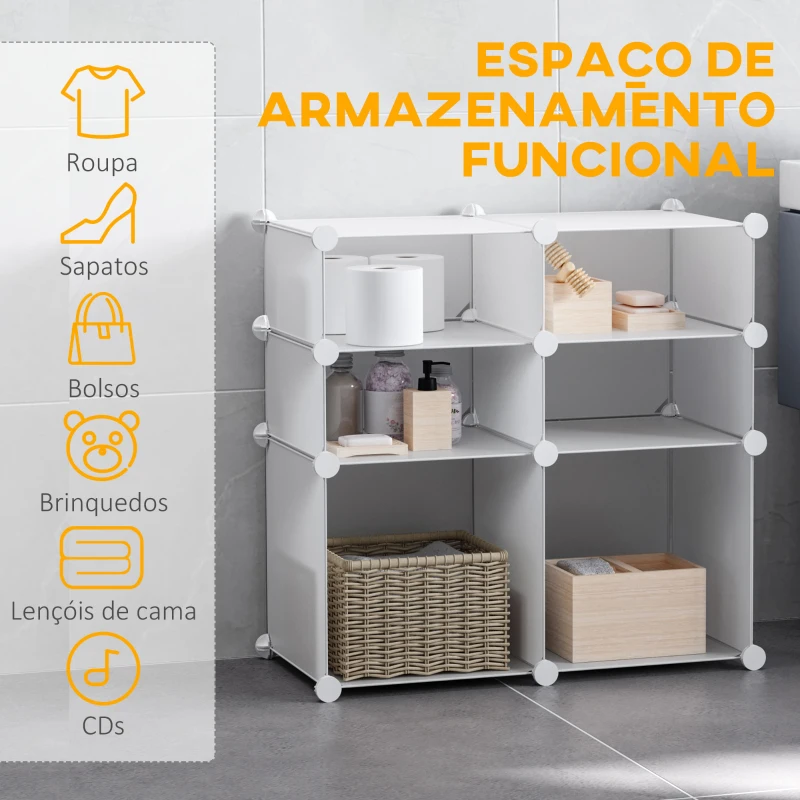 HOMCOM Armário Modular de Plástico Armário Modular com 6 Cubos Organizador de Roupas Sapatos Brinquedos 75x37x73cm Branco