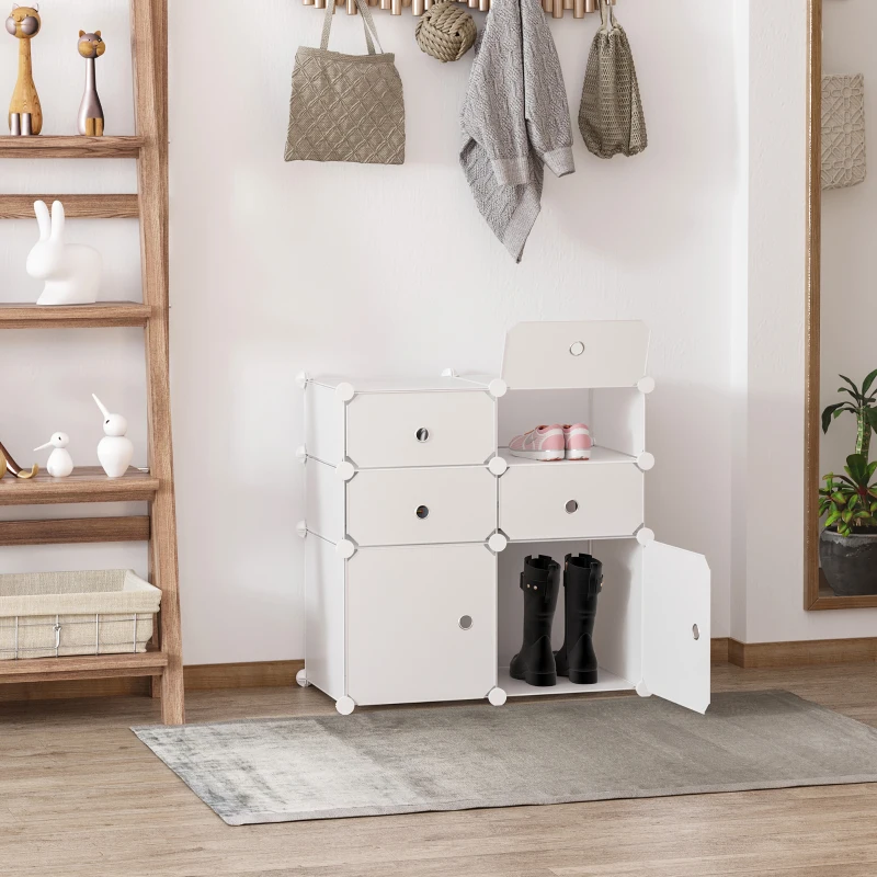HOMCOM Armário Modular de Plástico Armário Modular com 6 Cubos Organizador de Roupas Sapatos Brinquedos 75x37x73cm Branco