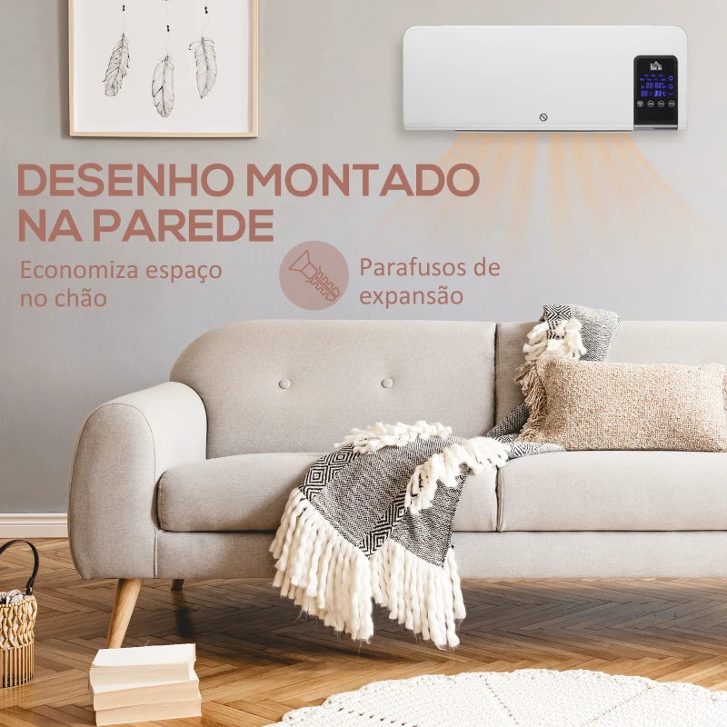 HOMCOM Aquecedor Elétrico de Parede 1000W/2000W Aquecedor com Ecrã LED Controlo Remoto Termostato Temporizador 54,5x12x21,5cm Branco