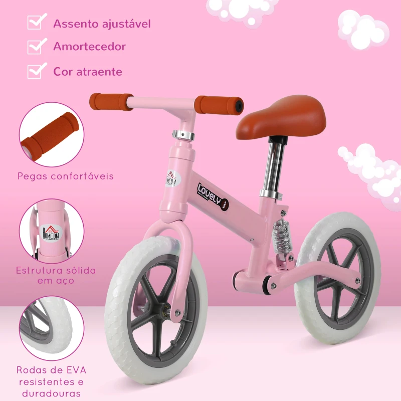 HOMCOM Bicicleta sem Pedais para Crianças entre 2-5 Anos com Assento Ajustável Rodas Antiderrapantes 85x36x54cm Rosa