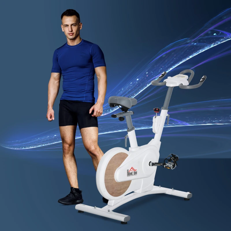 HOMCOM Bicicleta Estática com Volante de Inércia de 8 kg Bicicleta Estática com Assento e Guiador Ajustáveis em Altura Tela LCD Pulsômetro e Rodas para Casa 125x50x98-107cm Branco