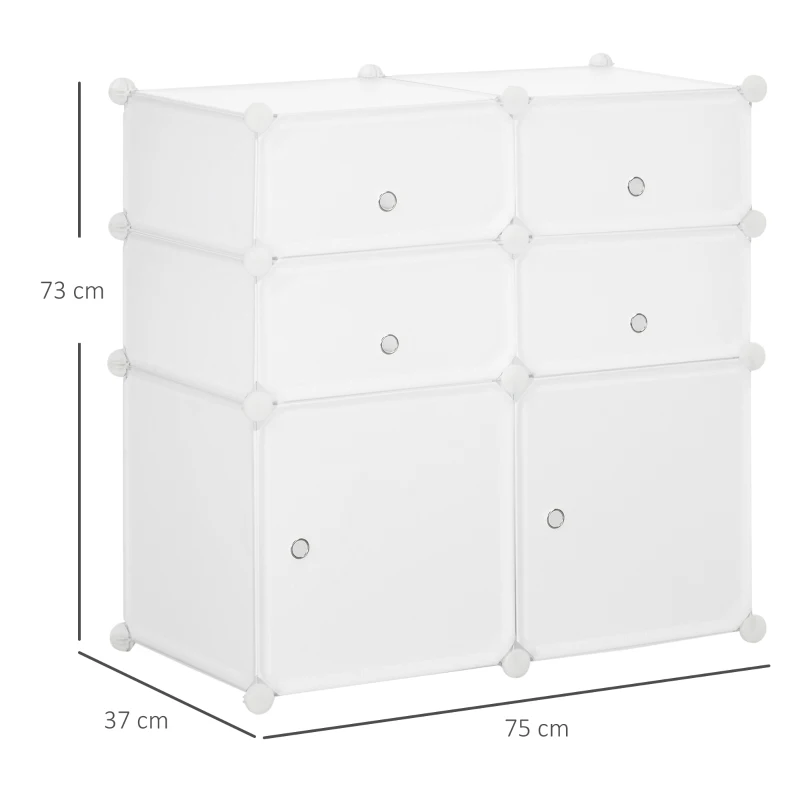 HOMCOM Armário Modular de Plástico Armário Modular com 6 Cubos Organizador de Roupas Sapatos Brinquedos 75x37x73cm Branco
