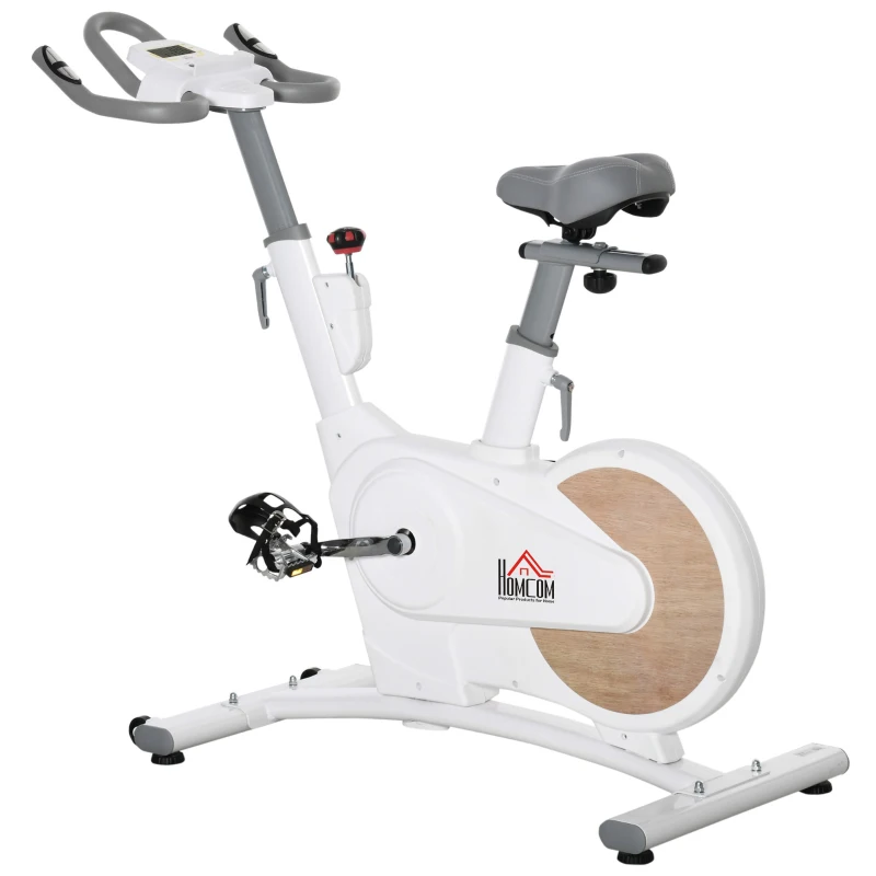HOMCOM Bicicleta Estática com Volante de Inércia de 8 kg Bicicleta Estática com Assento e Guiador Ajustáveis em Altura Tela LCD Pulsômetro e Rodas para Casa 125x50x98-107cm Branco