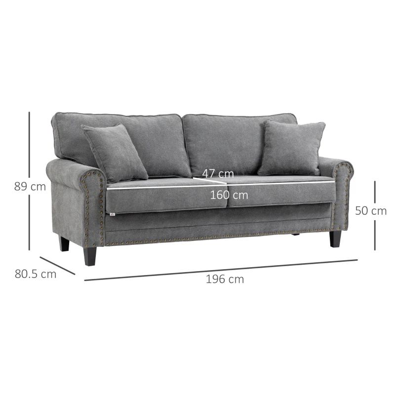 HOMCOM Sofá de 2 Lugares Estofado em Poliéster com 2 Almofadas Pés de Madeira de Borracha 196x80,5x89cm Cinza