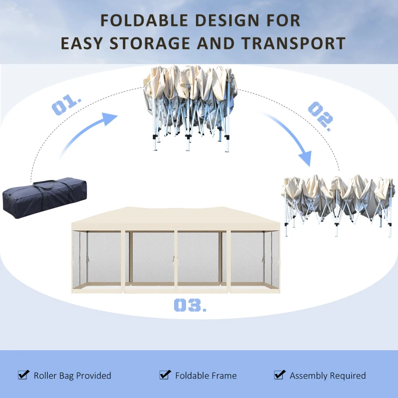 Outsunny 3 x 6m Garden Outdoor Metal Gazebo Water-Resistant Pop-Up Party Tent Canopy Marquee with Mesh Sidewalls Plus Free Storage Bag - Beige