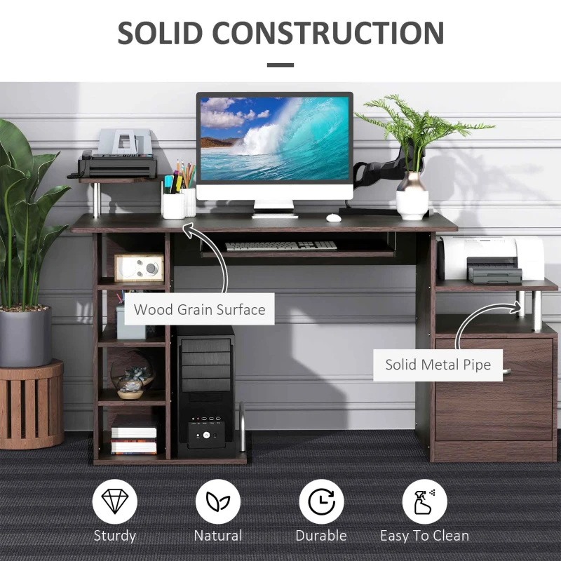 HOMCOM Computer Desk PC Workstation with Drawer Shelves CPU Storage Rack Home Office Furniture (BROWN)