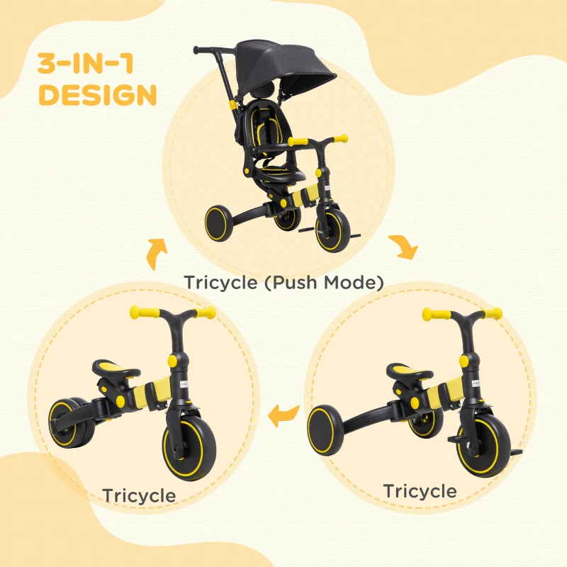AIYAPLAY 3 in 1 Kids Tricycle, Baby Trike with Parent Handle - Yellow