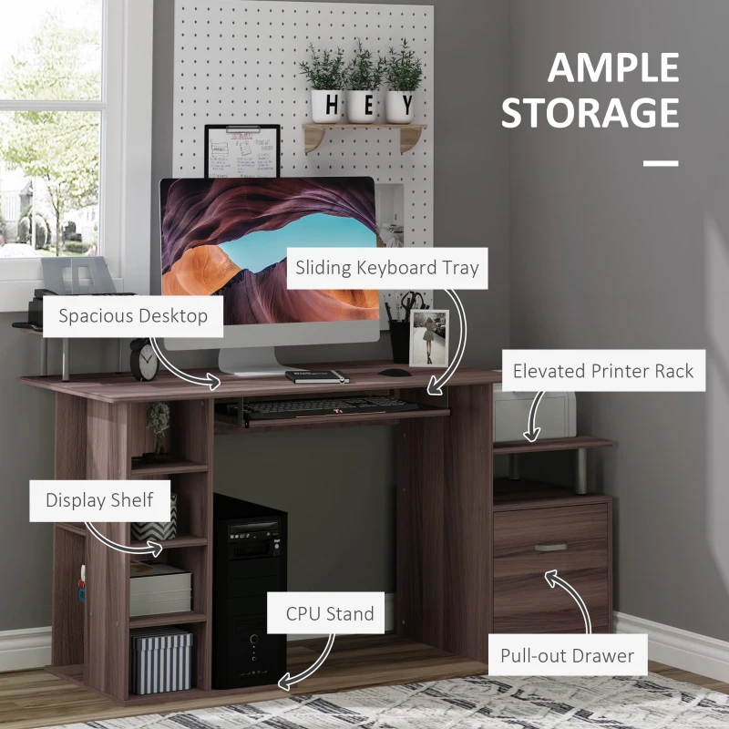 HOMCOM Computer Desk PC Workstation with Drawer Shelves CPU Storage Rack Home Office Furniture (BROWN)