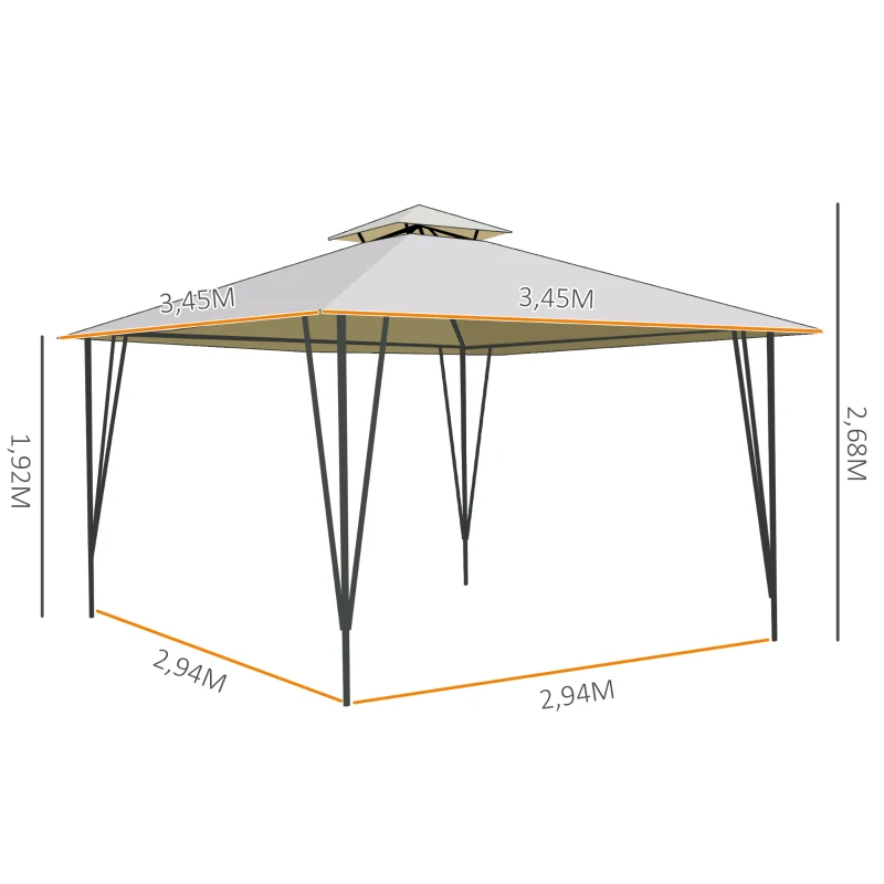Outsunny 3.5x3.5m Side-Less Outdoor Canopy Tent Gazebo w/ 2-Tier Roof Steel Frame Garden Party Gathering Shelter Beige