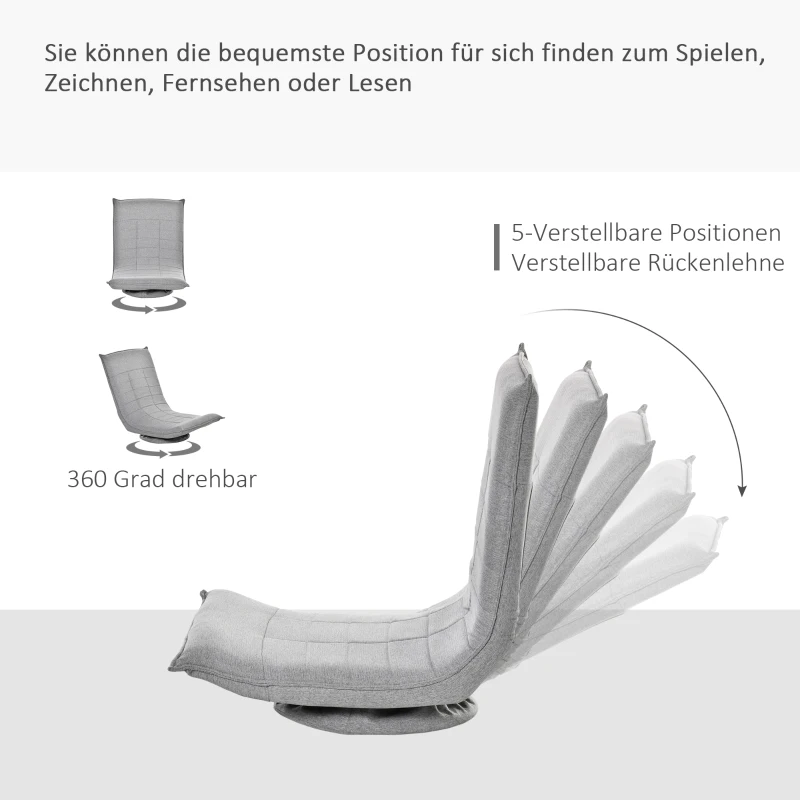 HOMCOM Bodenstuhl 360° Bodenkissen gepolstert Rückenlehne klappbar Leinen Hellgrau 64 x 100 x 76 cm