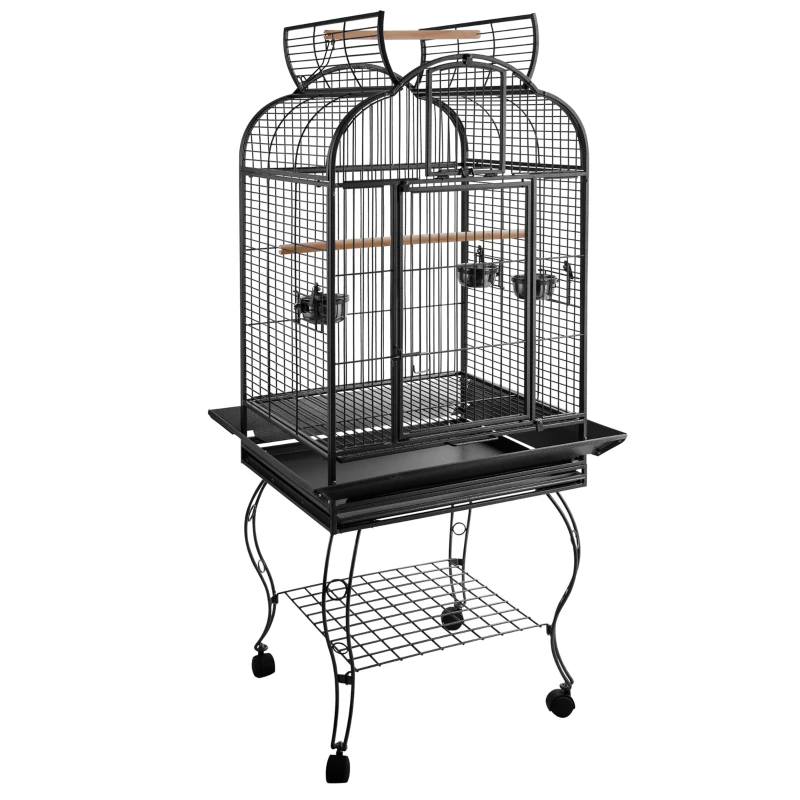 PawHut Gaiola metálica para pássaros com 2 portas Bandeja Removível 4 rodas 75x69x159 cm cinza escuro