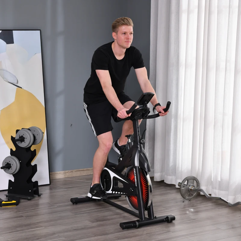 HOMCOM Fahrradtrainer Indoor Heimtrainer mit 13KG Schwungrad Home Gym Cycling Bike Trainer Fitnessfahrrad Stufenlos Widerstand Stahl Rot+Schwarz 104 x 52 x 104-114 cm